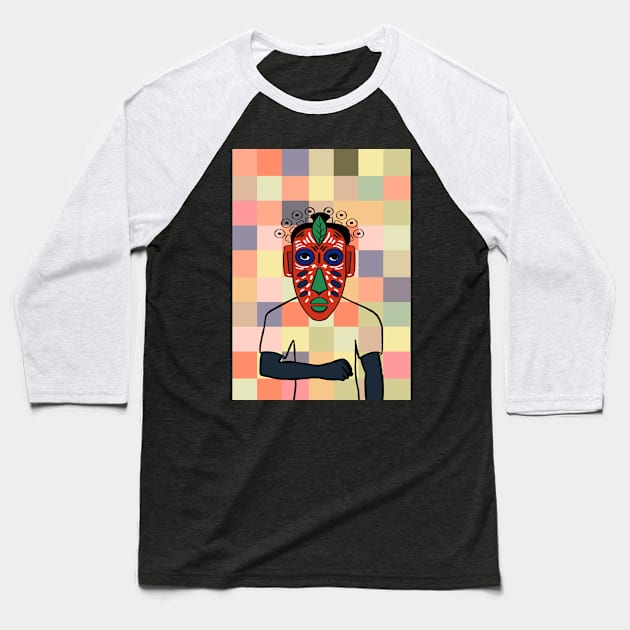 South Korea - Dark Male Character with African Mask and Pixel Background Baseball T-Shirt by Hashed Art